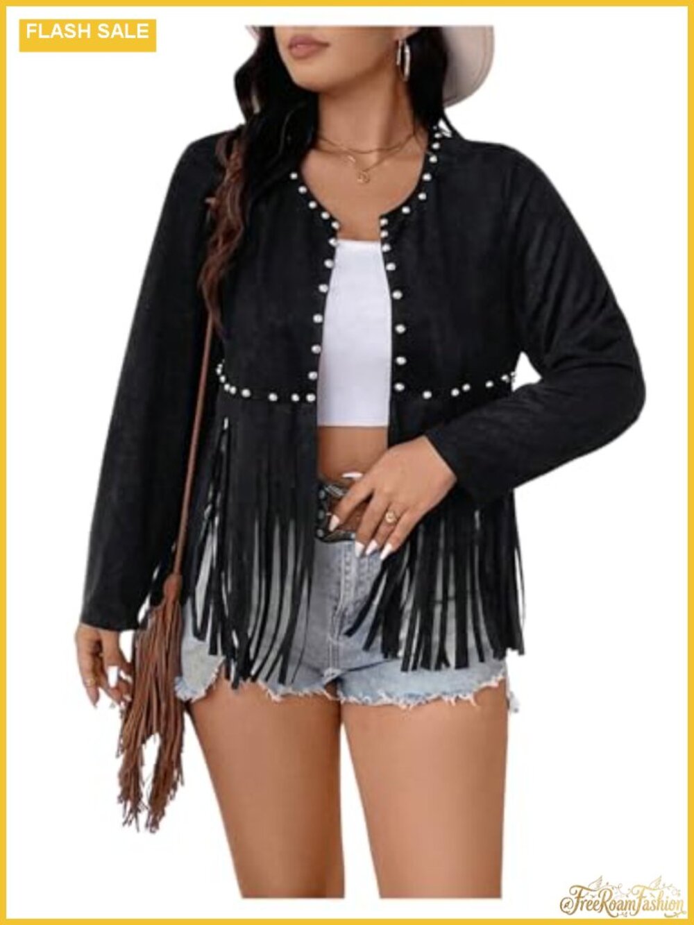 Women's Plus Size Faux Suede Fringe Jacket Open Front Long Sleeve Studded